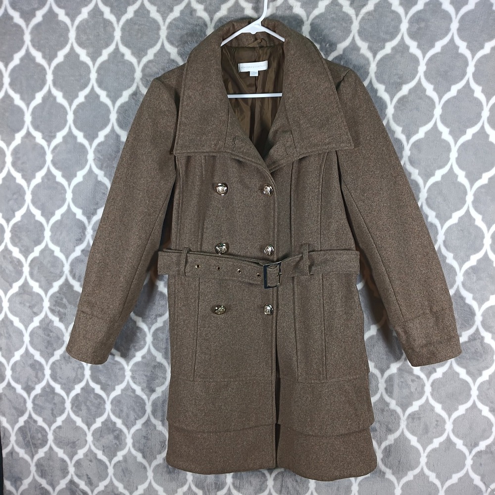New York & Co Coat Women M Brown Wool Blend Double Breasted Belted Ruffle Jacket